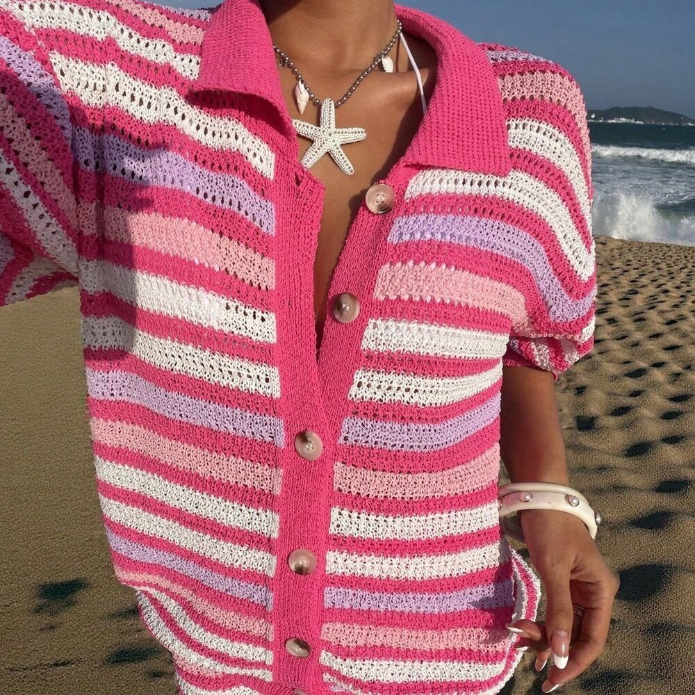 Multicolor Casual Women's Beach Sweater Set